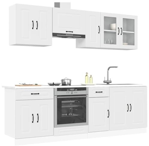 SKTQYQO Kalmar - Juego de muebles de cocina de 8 piezas, color blanco, madera multicapa con puertas de cristal, mueble base fregadero y armarios, optimización del espacio, fácil limpieza, material