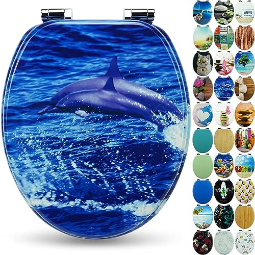 SANFINO® Premium WC Sitz mit Absenkautomatik – hochwertige Toilettendeckel aus Holz, viele bunte Motive, hoher Sitzkomfort, einfache Montage inklusive Montageanleitung – Dolphin