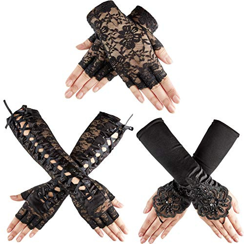 SATINIOR 3 Pairs Halloween Women Gothic Gloves Black Goth Lace Fingerless Gloves Bridal Wedding Tea Party Decor Cosplay 1920s 1980s Rock Star Costume Accessories
