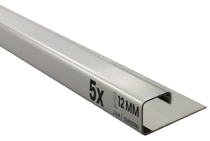 5x Quadrat Edelstahlschiene Fliesenschiene 2,5m 12mm glänzend Fliesenprofil | Für klare Sichtkanten und gerade Abschlüsse im Fliesenbild, für 12mm Fliesenhöhe, 2,5m, Edelstahl, glänzend, silber