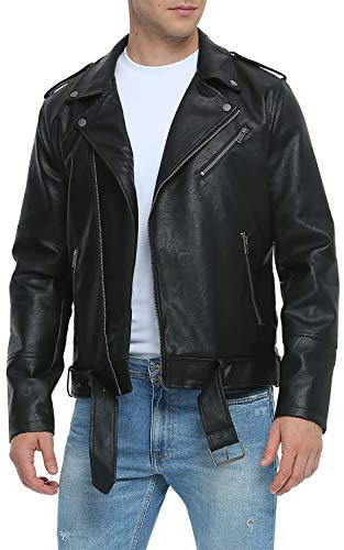 Fahsyee Leather Jackets for Men, Faux Bomber Jacket Mens Motorcycle Lapel Asymmetric Zip-Up Belt Slim Fit Biker Coat Black L