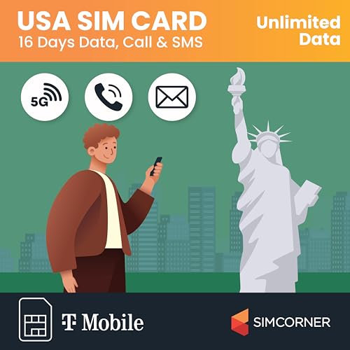 SimCorner USA Travel SIM – 16 Days Unlimited 5G/4G Data | 3-in-1 (Standard/Micro/Nano) | Unlimited Calls & Texts to US & Hawaii Mobiles & Landlines