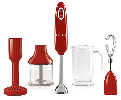 Smeg, Frullatore a Immersione HBF22RDEU, Funzione Turbo e Sistema di Taglio Flowblend, con Impugnatura Antiscivolo, Avvolgicavo Integrato, Accessori Inclusi, Potenza 700W, Rosso