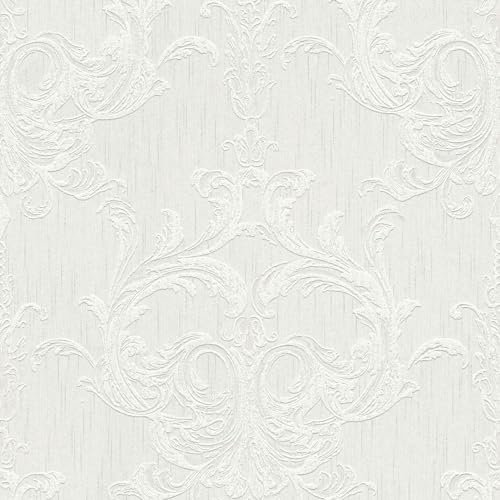 Profhome Papier peint aspect textile 961961-GU papier peint textile blanc gris 0,53 m x 10,05 m / 5,33 m2