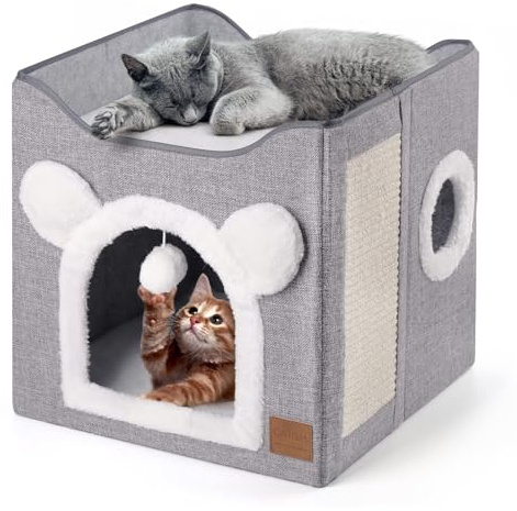 CATISM Foldable Cat House, Cat Bed 2 Layer Large Cat Cave for Pet with Scratching Board and Fluffy Ball for Small Medium Pets Indoor