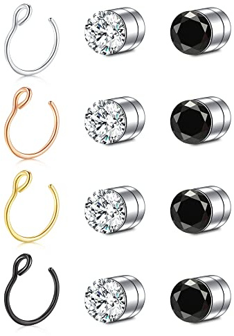 Crdifu 12 Pezzi Finto Piercing Naso Magnetico Acciaio Inossidabile 316L Ipoallergenico Finti Anelli per Naso Clip On Zirconi Gioielli per il Corpo Donna Uomo