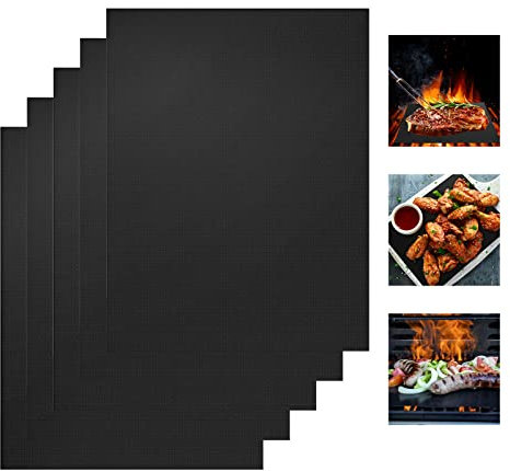 Relota 5 stück BBQ Grillmatte, Grillmatten 50×40 CM Schwarz Grill Matte Teflon Antihaft für Gasgrill, Grillmatten für Gasgrill Lebensmittelecht Teflon Grillmatte für Holzkohlegrill, Grill, Backofen
