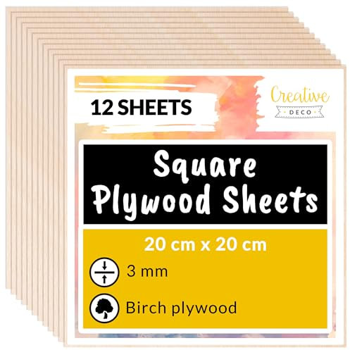 Creative Deco 12 Quadratische Sperrholzplatte 3mm | 200 x 200 (+/- 2) mm | Birkensperrholz Dünne Holz-Zuschnitte laserfähig | Sperrholz Platte perfekt als Baumaterial