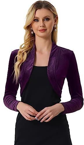 Allegra K Women's Long Sleeve Velvet Shrug Cropped Bolero Jacket Evening Cardigan for Dress Purple M