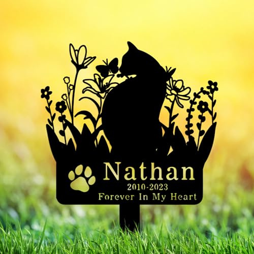 GRJIRAC Personalized Flowers Cat Memorial Grave Stake Outdoor, Custom Metal Cat Grave Marker, Cat Memorial Stake Garden Decor Sign with Stake Pet Headstones for Cat Butterfly Memorial Grave Marker
