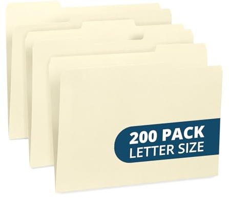 200 Blue Summit Supplies Manilla Folders - Letter Size File Folders with 1/3 Cut Top Tabs, Assorted Positions, Durable 11pt Manila Paper for Office Organization