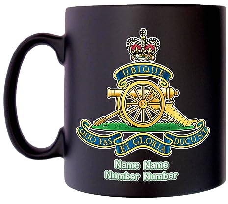Klassek Royal Artillery Mug with Personalise Option Image of Military Emblem Flag Crest Insignia MOD Official Product Coffee Tea 10oz Black Satin Gift Present