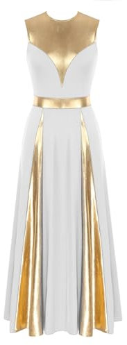 Nyeemya Damen Metallic Tanzkleider Eiskunstlauf Kleid Ärmellos Trikot Lob Lyrisch Maxikleid Gymnastikanzug Tanzkostüm Weiß M