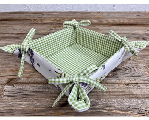 Brotkorb Stoff LAVINA 20x20 cm - Eckiger Brötchenkorb in Weiß Grün Lavendel & kariert - Nachhaltig aus 100% Baumwolle, waschbar bei 30°, Landhausstil für Brot, Brötchen, Gebäck oder Tischdekoration