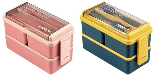 Lychico Lunch Box, 1400ml Bento Box with Spoon Fork, Stackable 2 Layer 3 Compartments & Lunch Box, 1400ml Bento Box with Spoon Fork, Stackable 2 Layer 3 Compartments
