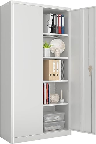 SUPEER Metal Storage Cabinet with 2 Door and 4 Adjustable Shelves,Grey | 180CM Tall Steel Cabinet for Warehouse,Garage,Home,Office,Easy Assemble Required