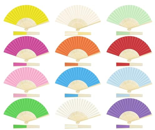 Luckwaii Hand Fan Folding Wedding Fan 12 Pcs Paper Fan Silk Fabric Bamboo Ribs Handheld Fan, Chinese Fan Folding Fan for DIY Wall Decoration Dancing Photo Props Christmas Party Wedding Favours
