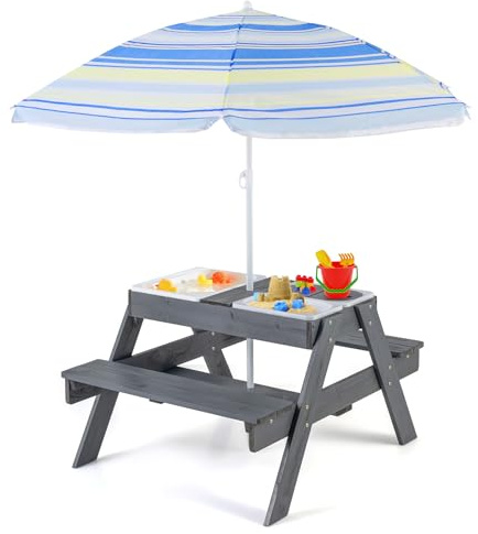 COSTWAY 4 in 1 Tavolo da Picnic per Bambini, Tavolino Sabbiera | Set di Tavolo e Panca in Legno per Spiaggia con Ombrellone e 3 Scatole di Plastica Rimovibili per Patio, Giardino e Cortile