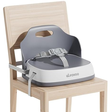 UBRAVOO Portable Booster Seat for Dining, Travel High Chair with 3-Point Harness and 2 Adjustable Straps, Washable Baby Food Chairs 6 Months Plus Sitting Up(Grey)