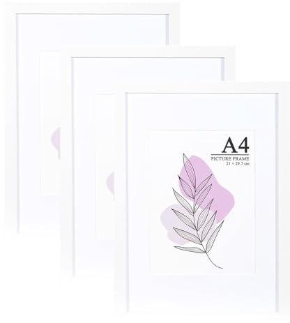 Baoee Weißer Bilderrahmen A4 mit Passepartout, 3er-Set, Fotorahmen mit Acrylglas,Posterrahmen, Urkundenrahmen, freistehend und zur Wandmontage