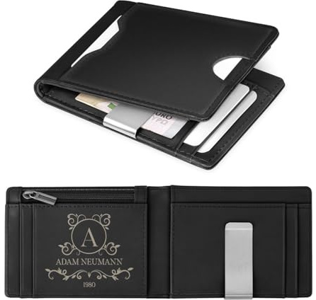 Maverton Slim Wallet mit Münzfach für 9 Karte - Geldbörse Herren aus echtem Rindsleder - Geschenke für Männer - personalisierte Geschenke für ihn - schwarz glatt