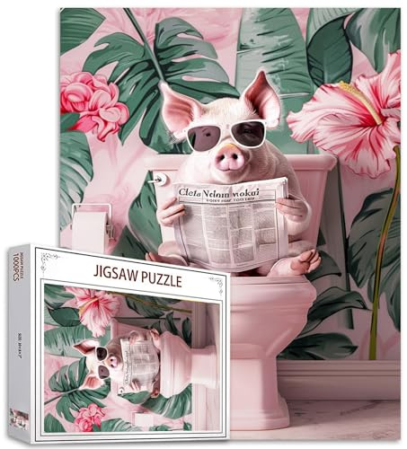 Tucocoo 1000 Teile Puzzle für Erwachsene, lustiges rosa Schwein-Puzzle, niedliches Tier auf Toilette, Palmblatt, Kunstpuzzles für anspruchsvolle Familienaktivitäten, buntes Bastelpuzzle