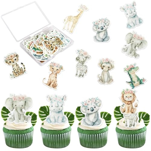 Xsstarmi 60 Pack Jungle Animals Edible Cupcake Toppers Rice Paper Koala Elephant Lion Cupcake Picks Crocodile Monkey Baby Animals Cake Decorations for Baby Shower Birthday Party Supplies
