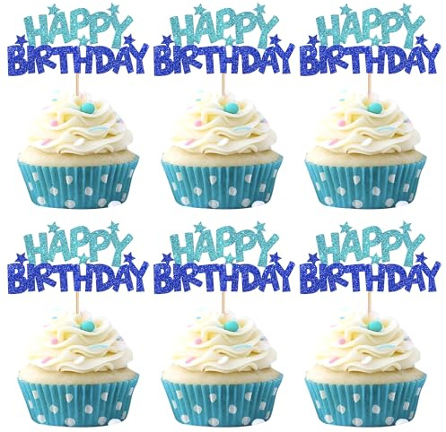 Xsstarmi 24 Pack Happy Birthday Theme Cupcake Toppers Blue Glitter Star Boys Girls Princess Birthday Theme Cupcake Picks Decoration for Baby Shower Happy Birthday Party Cake Decorations