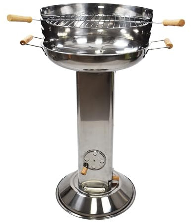 Holzkohlegrill Edelstahl mit Holzgriffen Säulengrill Höhe 83 cm Robuster Kohlegrill & HLKauf-Block