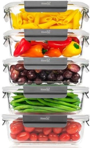 Homiu Lot de 5 boîtes alimentaires en verre avec couvercles | Boîtes hermétiques en verre pour la préparation des repas | Sans BPA anti-fuite | Boîtes à déjeuner réutilisables qui passent au