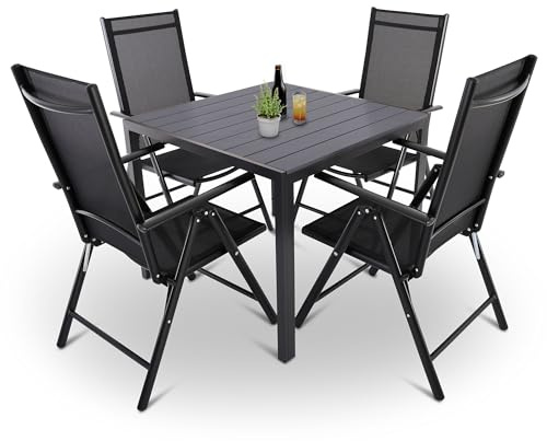 Raburg Gartenmöbel-Set, Moderne Sitzgruppe, 4 Stühle (klappbare Hochlehner) Tisch 90x90cm, wetterfestes Alu, Garnitur für Garten, Terrasse & Balkon, Norvey, Schwarz/Schwarz|Anthrazit-Schwarz