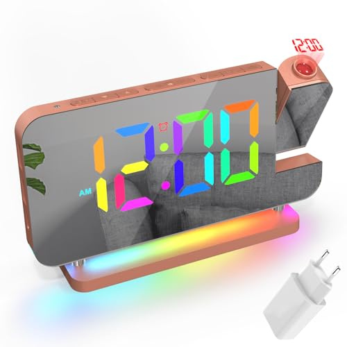 Lancoon Sveglia RGB con proiettore, 11 colori, visualizzazione dell'ora, 6 livelli di luminosità, volume sonnolento, modalità 12/24H, spina inclusa