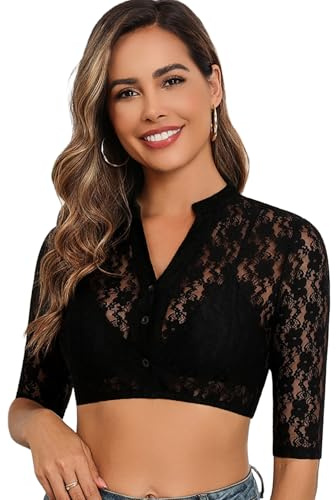 Zeagoo Damen Dirndlbluse Schwarz Spitze Trachtenbluse Halbarm Stretch Oktoberfest Bluse Elegant V Ausschnitt Dirndlblusen Schwarz XL