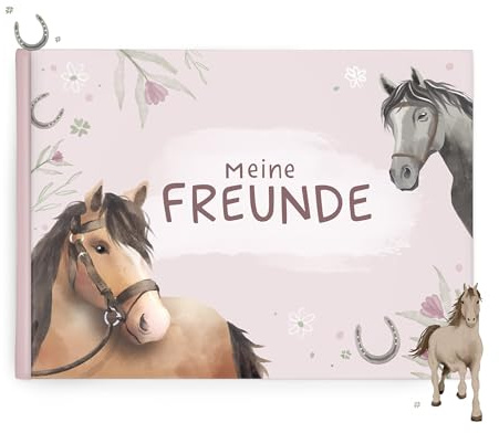 mintkind® Schulfreundebuch Pferde G – Freundebuch Grundschule für Mädchen mit handgemalten Illustrationen, 30 Freundeseiten, Geburtstagskalender, Malrätsel, stabiles Hardcover DIN A5 Querformat