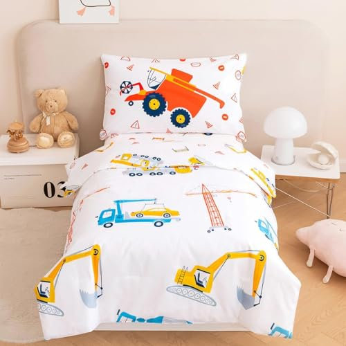 LYJKLST Baustelle Cartoon Auto Kinderbettwäsche, Kleinkinder Bettwäsche, Babybett Set Bettbezug, 100x135 Bagger und Autos LKW Baby Bettwäsche für Jungen und Mädchen, BAU Fahrzeuge Traktor Bettbezug