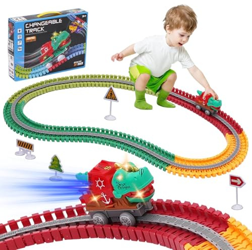Arkyomi Autorennbahn 288 Stück, Flexible Rennbahn mit Dinosaurier-Auto, Anti-Gravitations Rennstrecke Spielzeug, DIY BAU-Spielzeug Geschenke für Kinder ab 3 4 5 6 Jahren