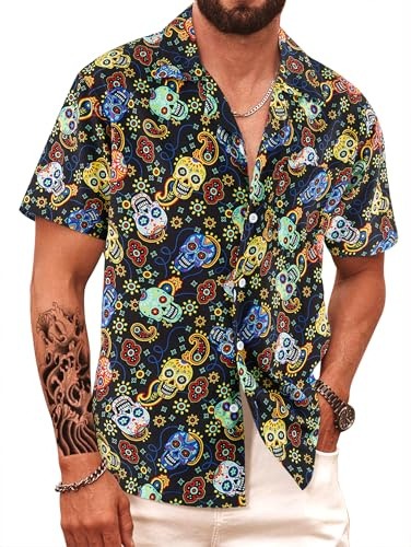 APTRO Camicia hawaiana da uomo a maniche corte floreale spiaggia Aloha Funky Party Holiday Shirt, Teschio colorato Mf05, XXL