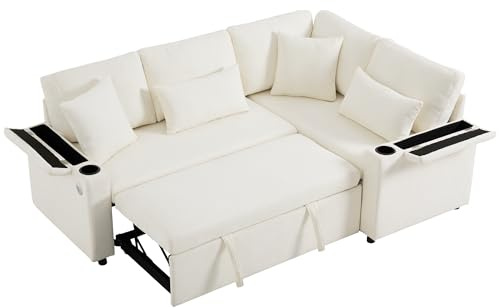 HAINEW Hörnsoffa hörnsoffa med sovfunktion och mugghållare, 4-sitsig L-formad soffa för vardagsrum sovrum, 209 × 130 × 84 cm, chenille-tyg, dold hylla i armstöden (beige)