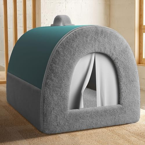 2-in-1 faltbares, wärmendes Hundehaus, geschlossenes Haustier-Sofabett mit abnehmbarem und waschbarem Kissen, Hundehütte für drinnen, Haustierhäuser, Hütten für Katzen, Welpen (65 x 53 x 40 cm, Grau)