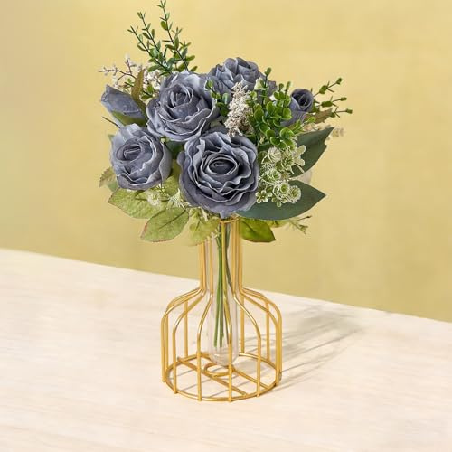 Hsyadazi Rose artificiali in bouquet, fiori artificiali realistici come decorazione da tavolo, con vaso per casa, ufficio e matrimonio in stile fattoria (blu)