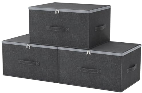 JUNFEIFLUX 3 Pezzi Scatola Portaoggetti con Coperchio 45x35x25cm, Contenitore in Tessuto Pieghevole con Manici, Cesto Organizer per Vestiti, Coperte e Armadio