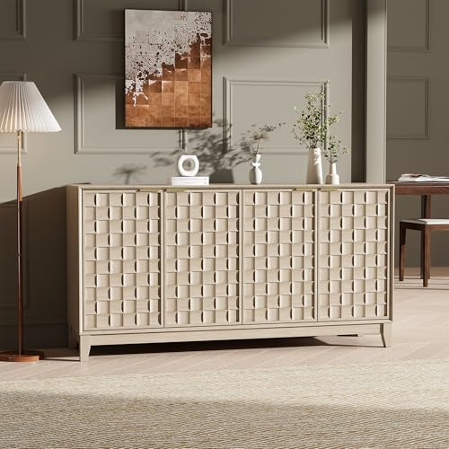 COLAMY Sideboard 150 cm Holz mit Stauraum – Modernes Sideboard für Wohnzimmer, Küchenschrank mit verstellbaren Einlegeböden, Buffet Schrank mit 3D Holzfront, Eiche