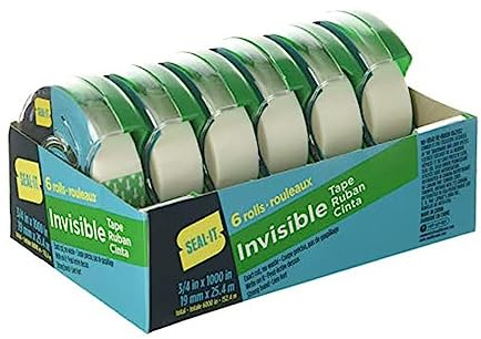 Seal-It Invisible Stationery Tape 3/4 x 1000 Inches On Press N' Cut Dispenser, Pack of 6 Total 6000 Inches, White (62452)