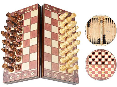 Magnetisch Schachspiel, 3 in 1 Portable Faltendes Holz Schach Spiel Schachbrett mit magnetischen Stücken 9.5 '' X 9.5 ''