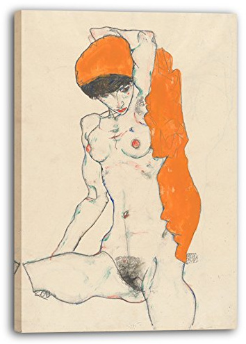 Leinwand (40x60cm): Egon Schiele - Stehender Akt mit orangenen Drapierungen