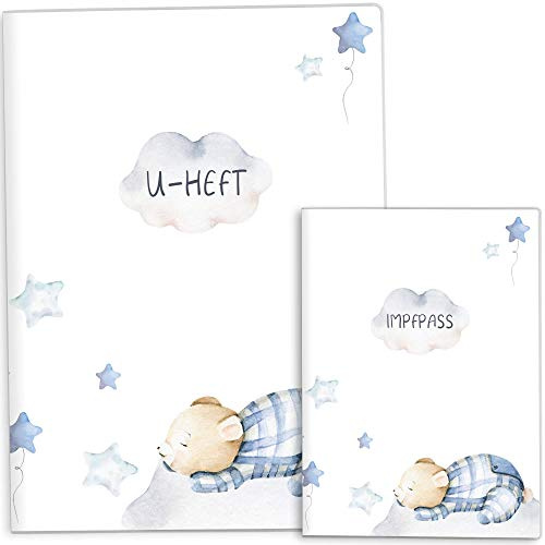 OLGS U-Heft und Impfpasshülle Set | Sleepy Mond und Sterne | Hüllen für Untersuchungsheft & Impfpass | Schutzhülle Babygeschenk zur Geburt des Kindes (Uheft, Impfpass Hüllen 2-teilig, Bär)