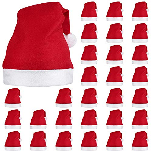 Elcoho 30 Stück rote Weihnachtsmannmütze, kurzer Plüsch mit weißen Bündchen, Vliesstoff, Weihnachtsmütze, Weihnachtsmannmütze (rot)