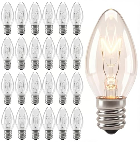 25 Pack C7 Clear Replacement Light Bulbs, 5W C7/E12 Candelabra Base Clear Bulbs for Christmas Indoor Outdoor Patio String Lights, C7 Night Light Replacement Bulbs