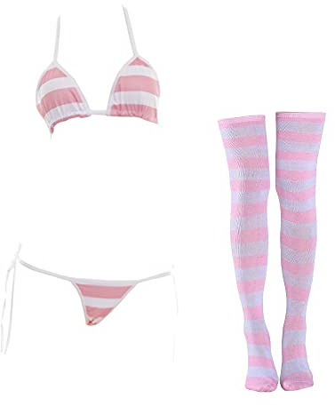 SINROYEE Sexy Lingerie Set for Women Japanese Anime Bikini Swimsuit Stripe with Striped Thigh High Sock