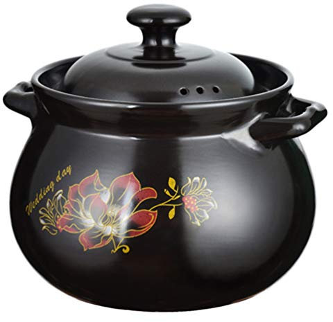 Lurrose Faitout en céramique, pot à soupe rétro avec motif floral - Faitout en argile avec couvercle - 2,8 l